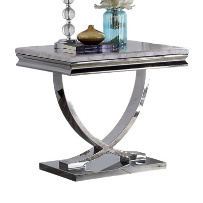 1Pc End Table Modern Glam Style 18Mm Faux Marble On Top Pedestal Base Stainless Steel Metal Structure Chroma Coffee Table-Not Included