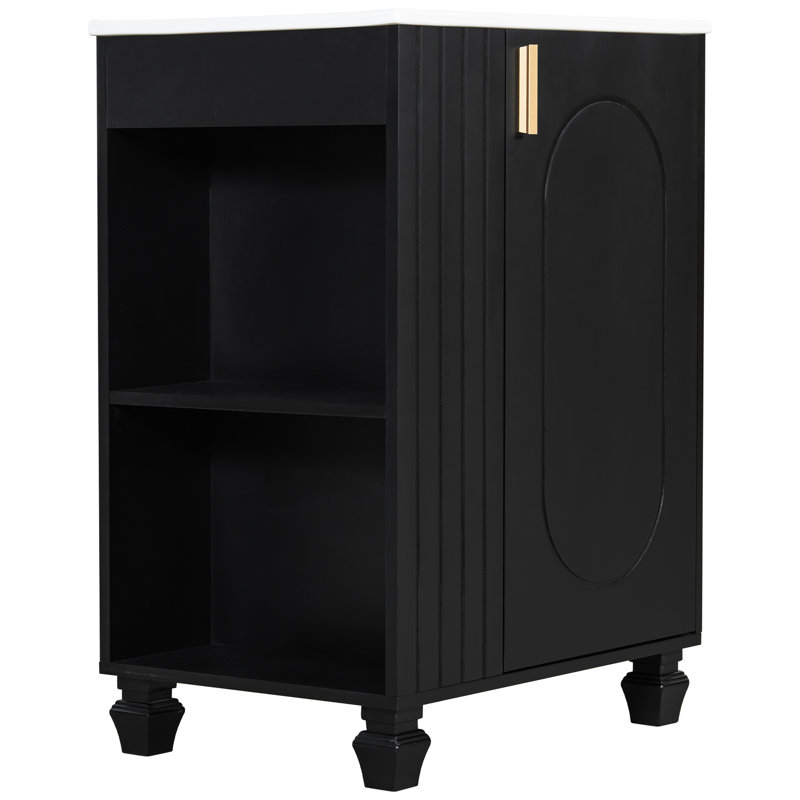 Meuble-lavabo de 24 po avec lavabo lisse, structure en pin massif, rangement latéral ouvert et tablettes à 2 niveaux derrière la porte, finition noire de 24 po, poignées en métal en céramique sous la tablette de l'évier