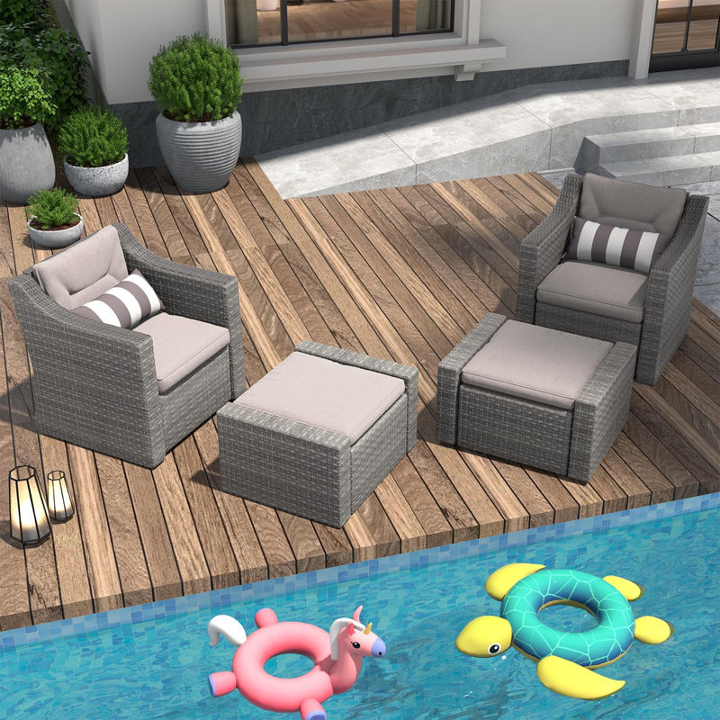4-Piece Patio Conversation Set, Outdoor PE Wicker Rattan Lounge Chairs with Cushions & 2 Ottomans, Sectional Seating Group for Backyard Deck Garden, Gray