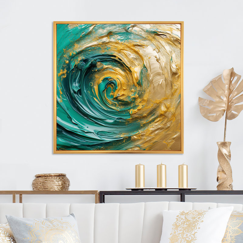 «Golden Ocean Swirling Waves», art mural spirales abstraites, H 30 po x l 30 po x P 1 po, Cadre flottant doré