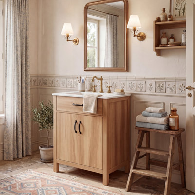Meuble-lavabo 24/30 po avec lavabo en céramique, armoire de rangement en bois massif avec porte à double couche et tablette ajustable en U, bois d'acacia