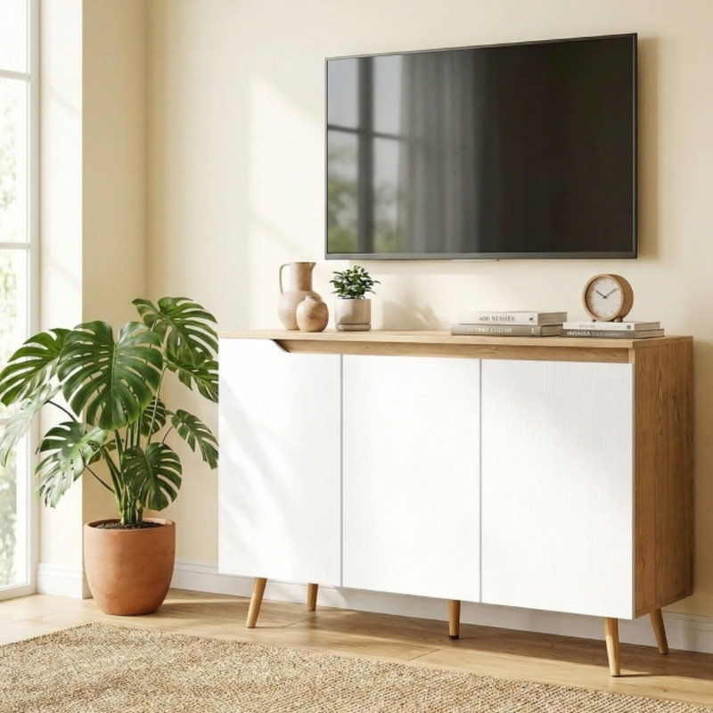 Modern White and Oak Sideboard Cupboard, Multi-Function Storage Cabinet with 3 Doors, 2 Adjustable Shelves and 5 Solid Rubberwood Legs for Kitchen and Living Spaces