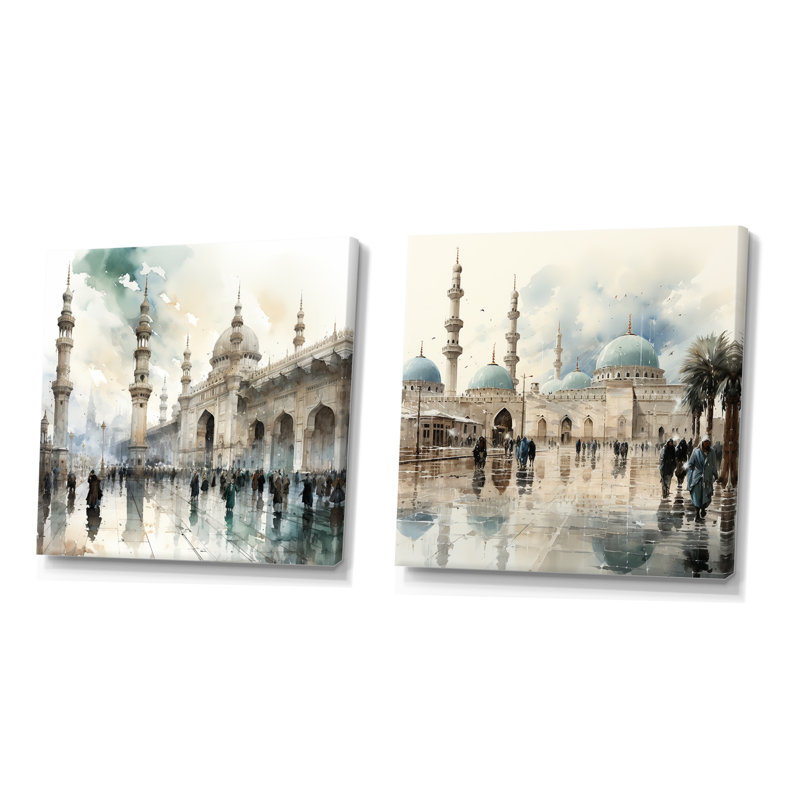 Ensemble de 2 mosquées blanches et bleues, Toile tendue, H 16 po x l 33 po x P 1 po