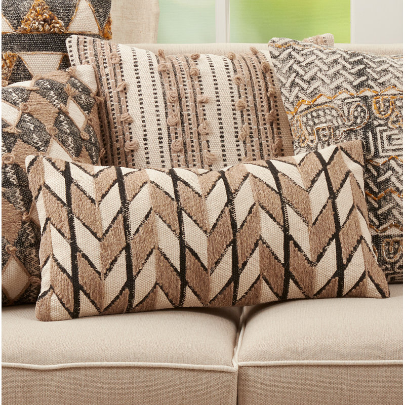 Natural Chevron Embroidered Rectangular Cotton Throw Pillow