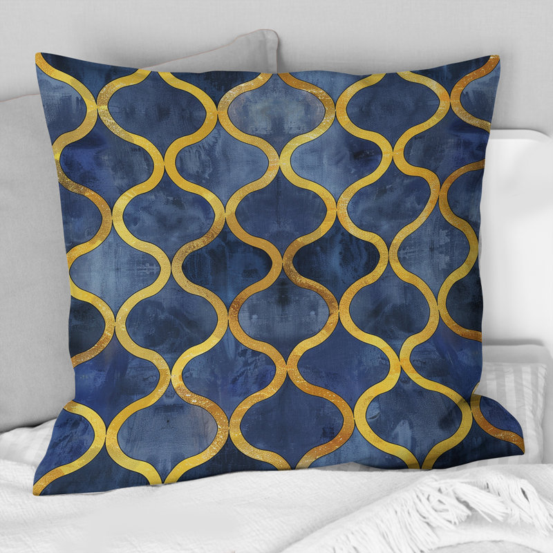 Coussin moderne moderne bleu doré Trellis Glam II, H 18 po x l 18 po