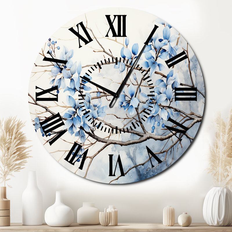 Horloge murale bleue et grise avec feuilles sur une branche, Surdimensionné