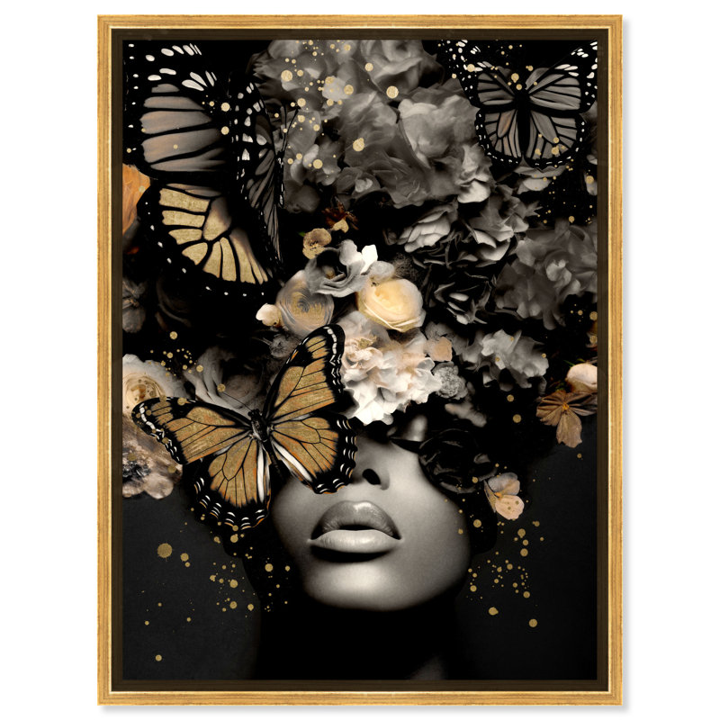 Art mural glamour «Butterfly Golden Goddess» par Art Remedy, Cadre doré, H 25 po x l 21 po