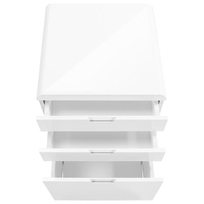 Classeur sur roulettes blanc brillant, rangement mobile à 3 tiroirs pour le travail de bureau, support d'imprimante contemporain avec surface de roulement à glissières lisses, tiroirs, fonctionnement moderne
