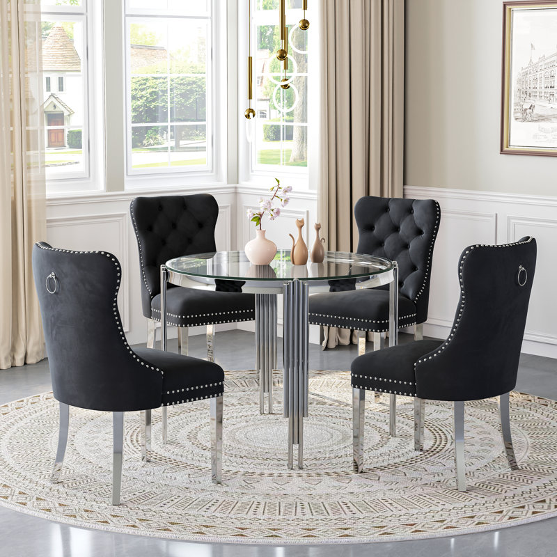 37"Modern Glass Dining Table Set, Irregular Stainless Steel Table Legs And Velvet Tufted Backrest Chairs