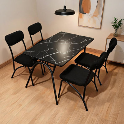 Modern 5-Piece Dining Set – Rectangular Marble Tabletop, Storage Shelf, 4 Upholstered Boucle Chairs, Space-Saving Kitchen & Dining Furniture, Perfect for Small Apartments
