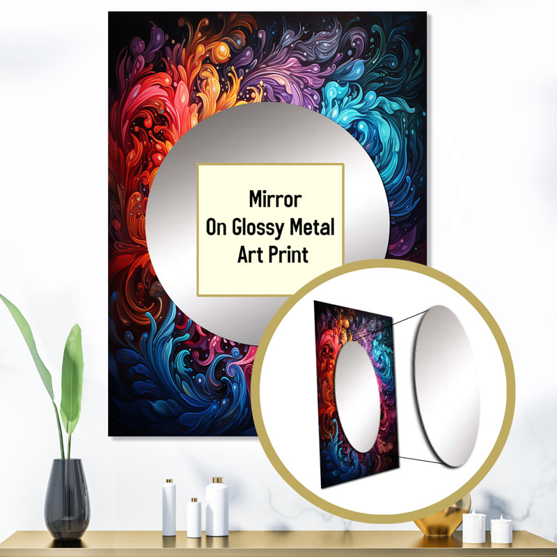Morgun Neon Spin II - grand miroir mural spirales abstraites, miroir décoratif moderne, impression d'art en métal