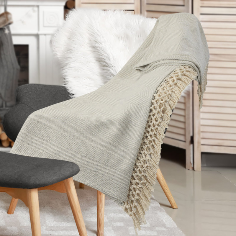 Gray Cotton Herringbone Throw Blanket with Fringe