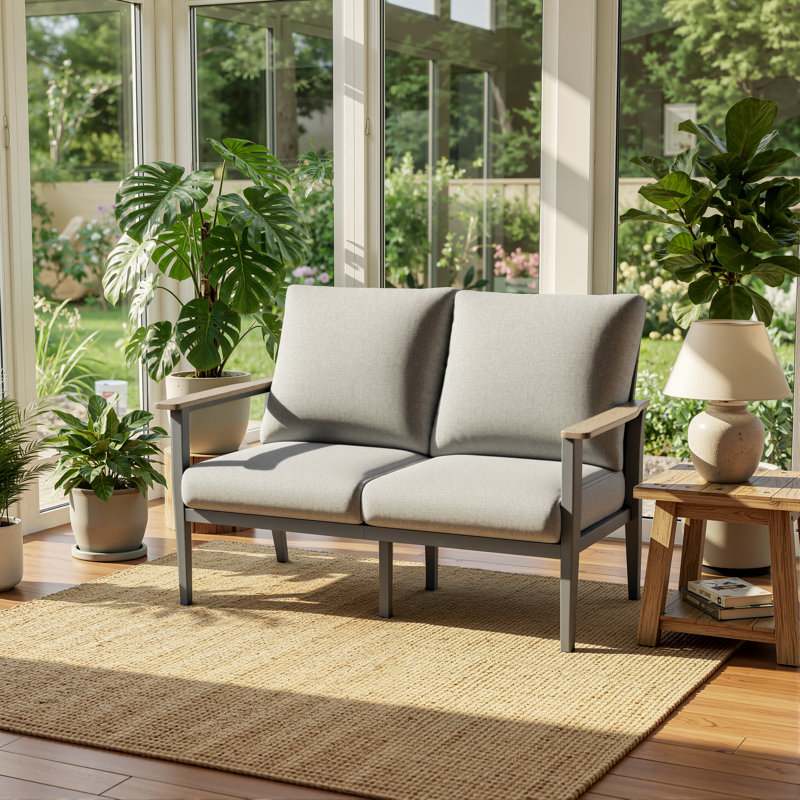 50.4" Wide Aluminum Outdoor Loveseat with Wood-Look Armrests & 5.12" Thick Cushions, Gray