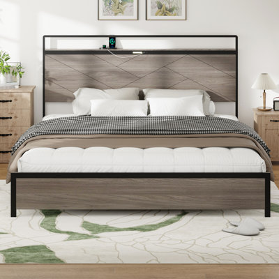 Antique Grey Bed Frame, Metal With Wood Trimmed Elements, Led Headboard Featuring , Large Under Storage Space, Stable And Reliable, Easy Bedroom Assem