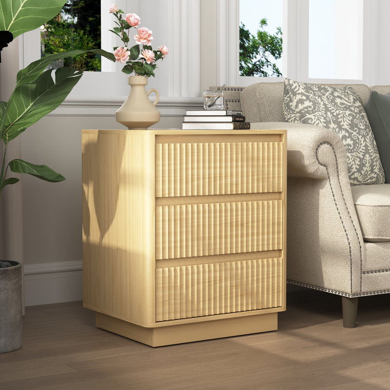Table de chevet moderne Junia avec station de charge USB-C rapide et 3 tiroirs, Naturel