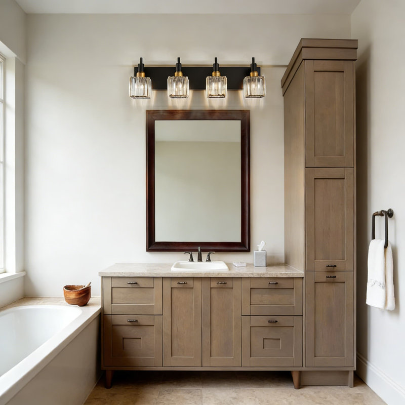Luminaire de meuble-lavabo moderne en cristal avec finition noir mat et laiton, 4 lumières à intensité variable, Noir, 4