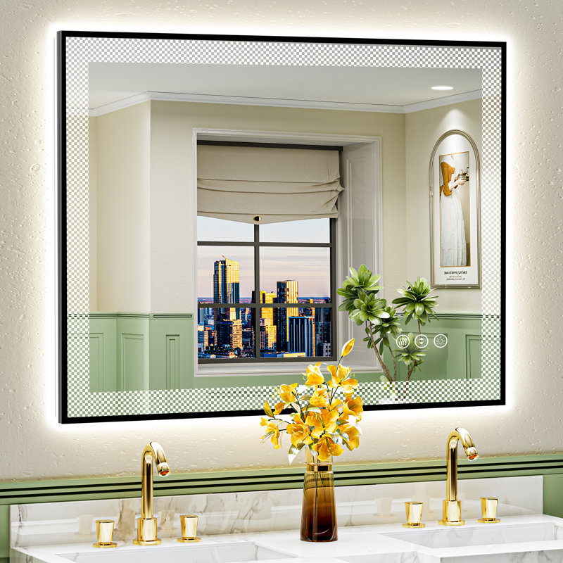Miroir de salle de bain à cadre noir à DEL avec éclairage avant et rétroéclairé, miroir de meuble-lavabo éclairé pour le mur, double éclairage 3 couleurs à intensité variable, antibuée, verre trempé incassable (horizontal / vertical)