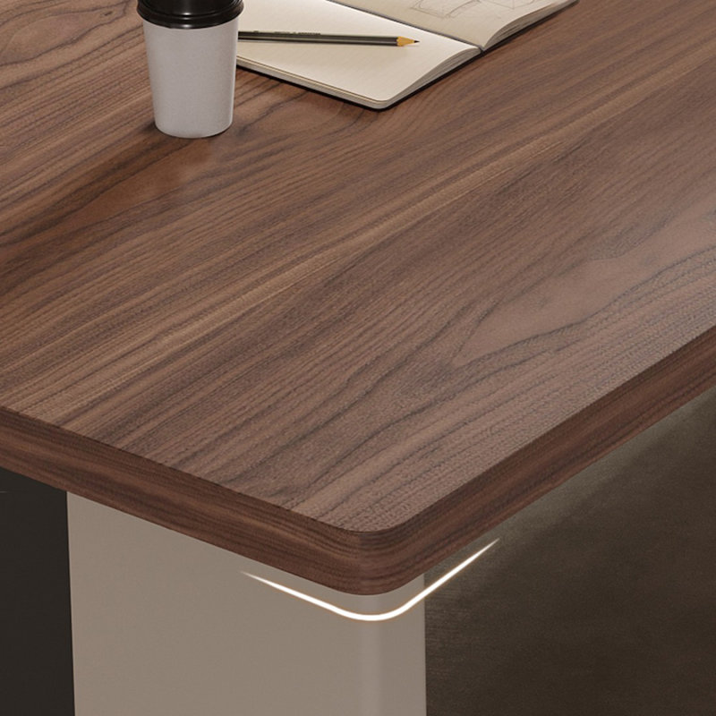 Bureau brun en noyer + blanc beige + bois manufacturé rectangulaire noir + verre, H 31,5 po x l 62,99 po x P 29,53 po