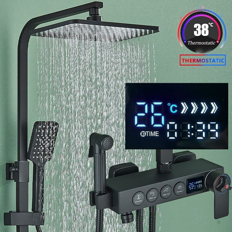Black Complete Thermostatic Shower System Fixture Wall Mounted Faucet