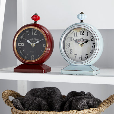 Roman Numeral Metal Mechanical Tabletop Clock with Alarm in Red/Blue