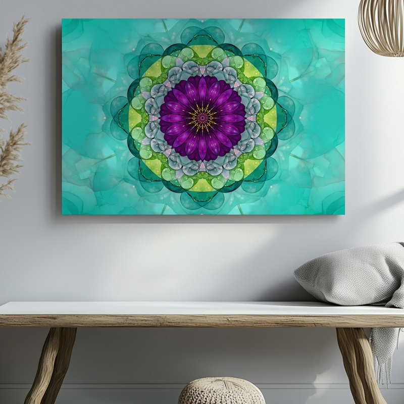 Reproduction d'art sur toile, "Mandala symétrique vibrant" avec une fleur centrale avec art mural, H 20 po x l 20 po