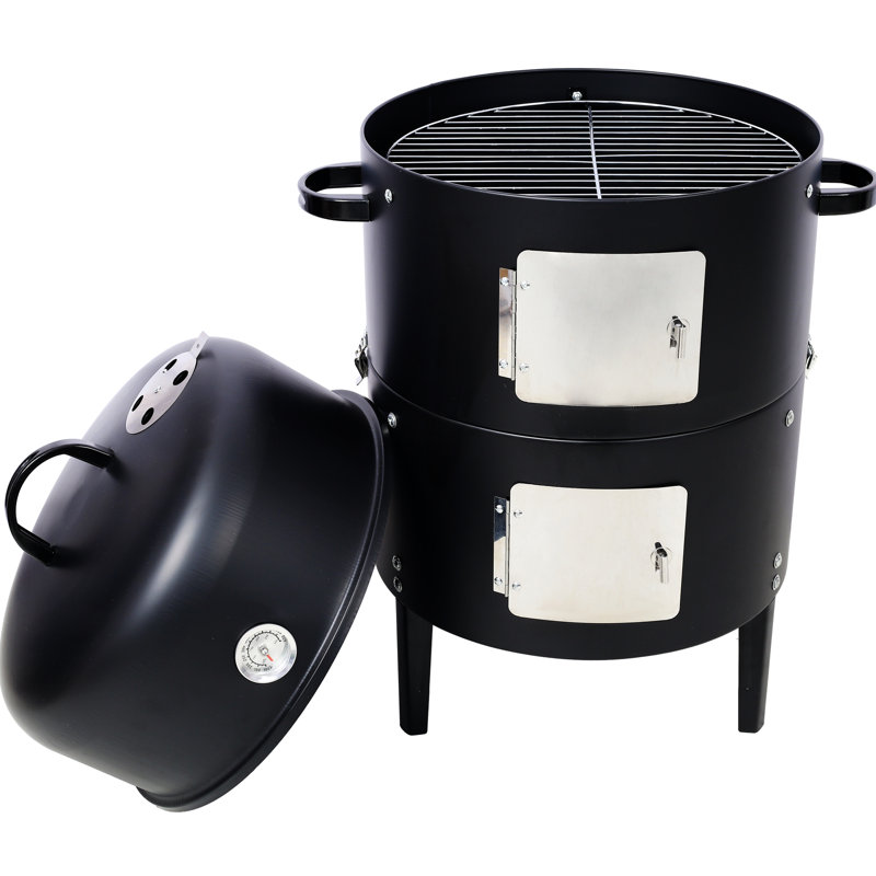Barbecue en acier de 17 pouces avec surface de cuisson spacieuse et matériaux chauffants en noir pour fumoir d'extérieur