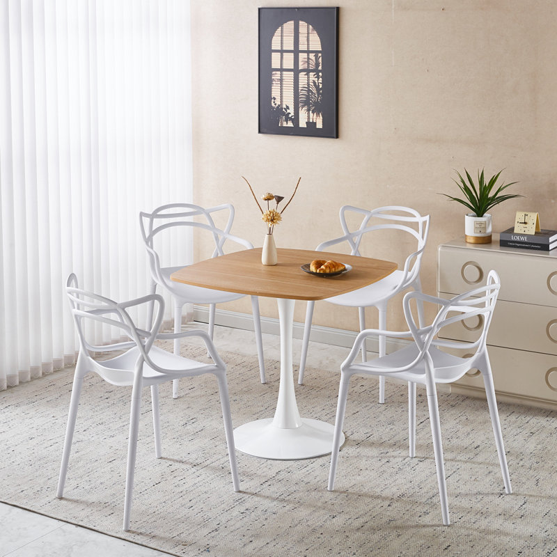 Ensemble de salle à manger 5 pièces de style Mid-Century moderne avec plateau en panneau de fibres à densité moyenne et piédestal en métal, 4 chaises