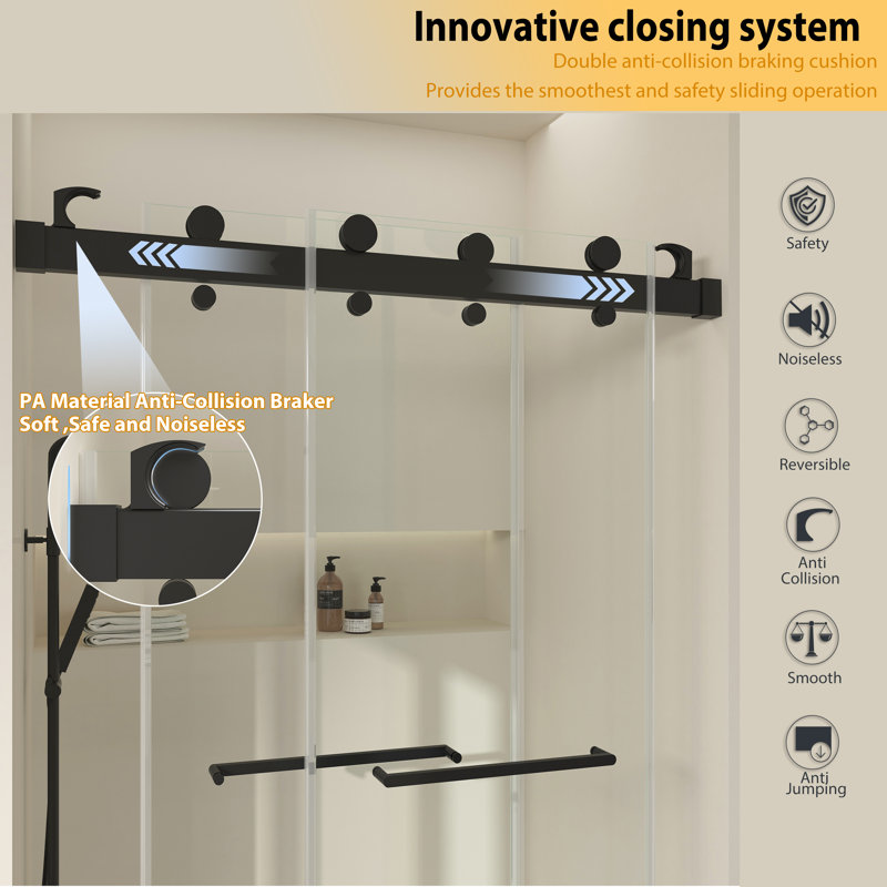 Gargy 57-60 in W x 78 in H Frameless Shower Door with Advanced Closing System, Matte Black, Dual Door Stops