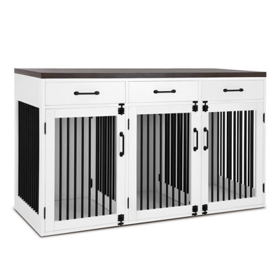 Wooden Dog Crate Furniture, Dog House with 3 Drawers & 3 Lockable Doors and Removable Dividers