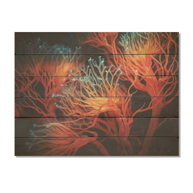 Colorful Red Anemone Reef - Coastal Coral Under Water Wood Wall Art On Natural Pine Wood, 24" H x 32" W