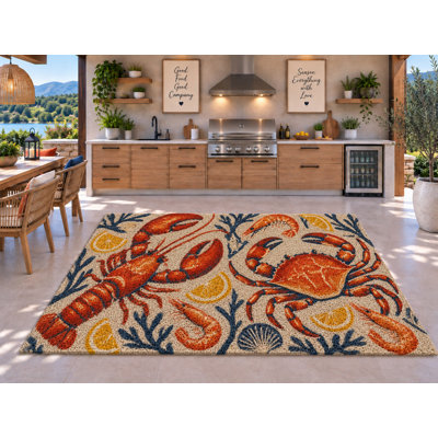 Tapis d'extérieur 5' x 7' à motif homard, crabe et crevettes, en PVC épais, imperméable et bouclé, résistant et durable, idéal pour terrasse, balcon, entrée, VR et intérieur/extérieur à séchage rapide.