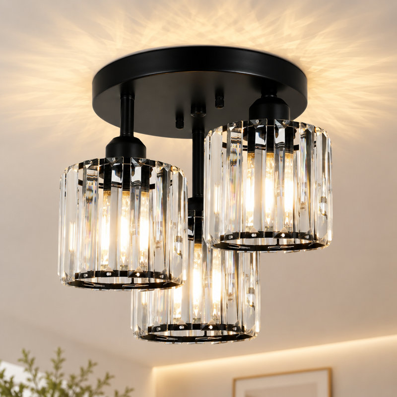 Modern Crystal Ceiling Light Fixtures, 3 - Light Semi Flush Mount Ceiling Light With Clear Crystal Shade, Matte Black
