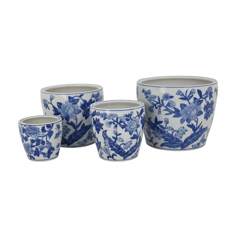 Ensemble de 4 pots à fleurs Kerry, poterie florale bleue, céramique blanche