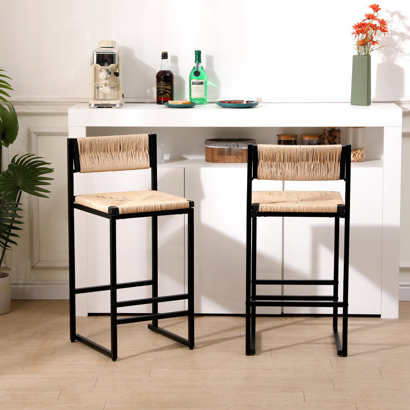 De 2 séduisants tabourets de bar miel, tissage en corde de papier pour des tabourets de couleurs attrayantes, siège. Structure métallique, assise confortable. Cuisine adaptée, bar, comptoir. Facile à assembler