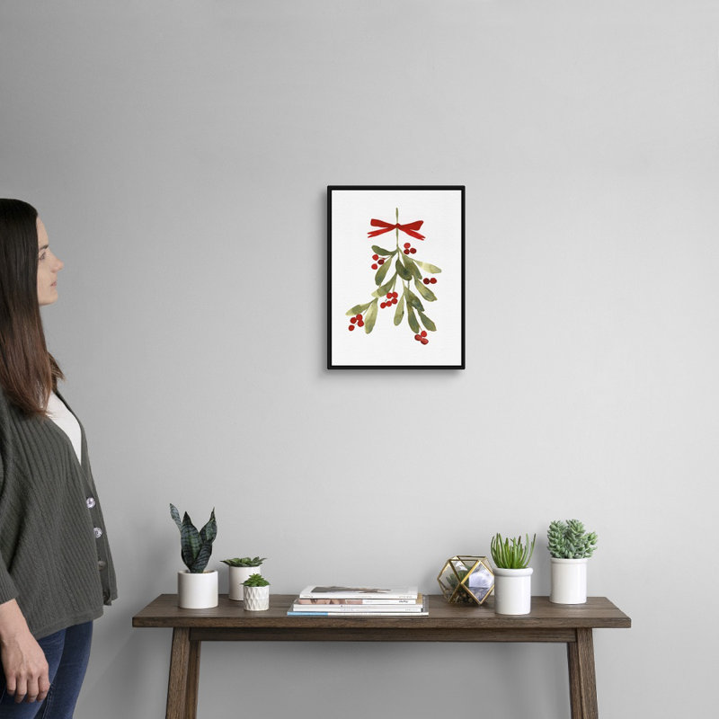 «Mistletoe Bow I» par Emma Caroline - reproduction d'art sur toile, Cadre noir, 18" H x 14" W x 1.75" D