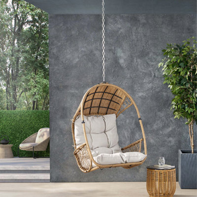  Outdoor Hanging Wicker Egg Chair, Teardrop Rattan Swing Seat with Plush Cushion and Steel Chain for Patio, Brown