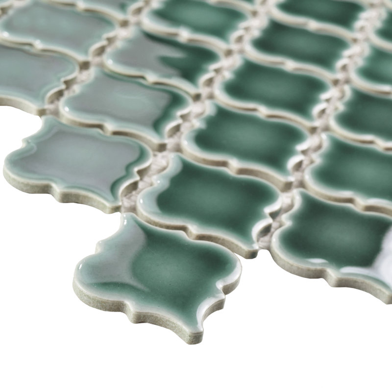 Carreau de mosaïque en porcelaine à motif mosaïque arabesque de 3 3/8 po x 12 3/8 po Hudson Tangier, Émeraude