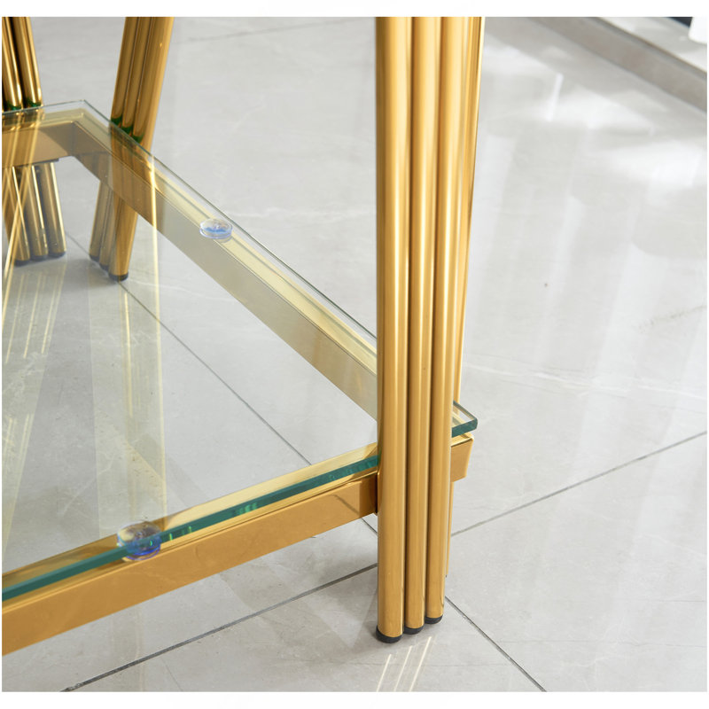 Table de bout carrée 20 pouces, table de bout moderne en acier inoxydable, table basse en verre trempé transparent à deux couches, table d'appoint avec rangement, pour bureau à domicile, or