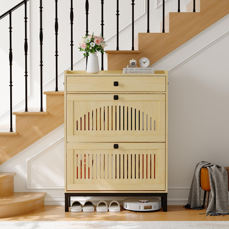 Entryway Shoe Storage Cabinet with 2 Flip Drawers & Top Drawer, Hollow Panel Shoe Organizer Rack with Adjustable Shelves & Anti-Tipping-Natural