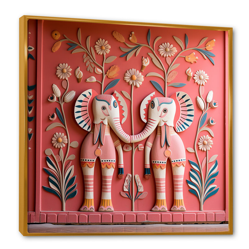 Art indien, éléphants de Jaipur 1 - Art mural indien, Cadre flottant doré, H 30 po x l 30 po x P 1,5 po