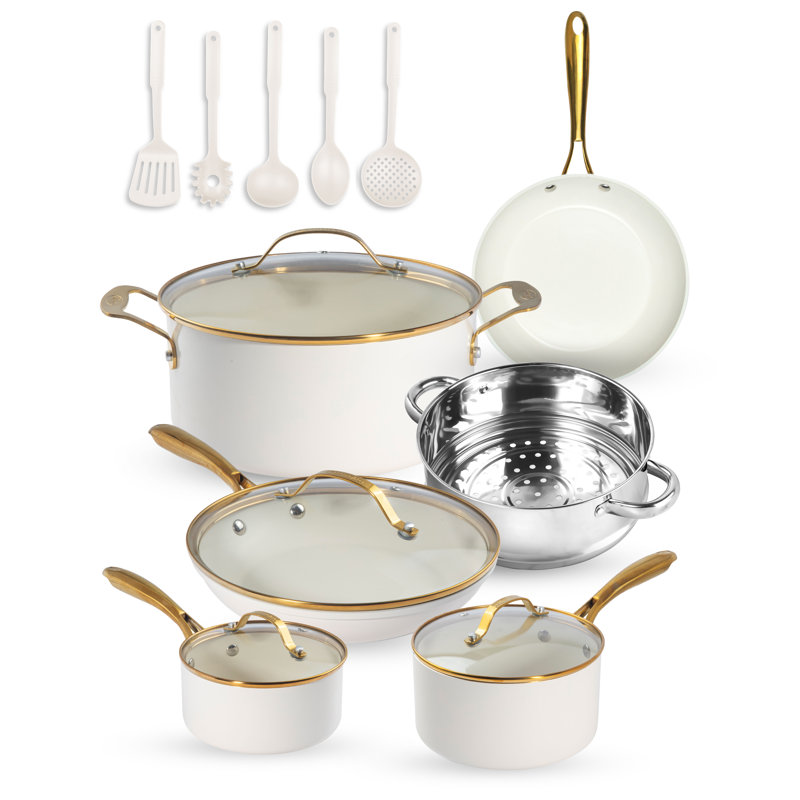 Cream and Gold 15-Piece Nonstick Ceramic Cookware Set