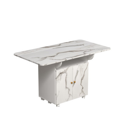 Table de salle à manger pliante en bois de 47 po avec support de rangement et armoire, table d'entrée amovible à 6 roulettes, îlot de cuisine en marbre blanc, table d'appoint et table basse