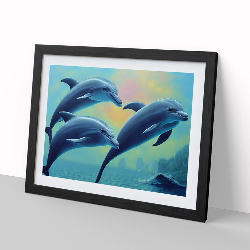 XH1022-9225X Trio Of Dolphins - Single Picture Frame Painting, Black, 25cm H x 34cm W x 2cm D