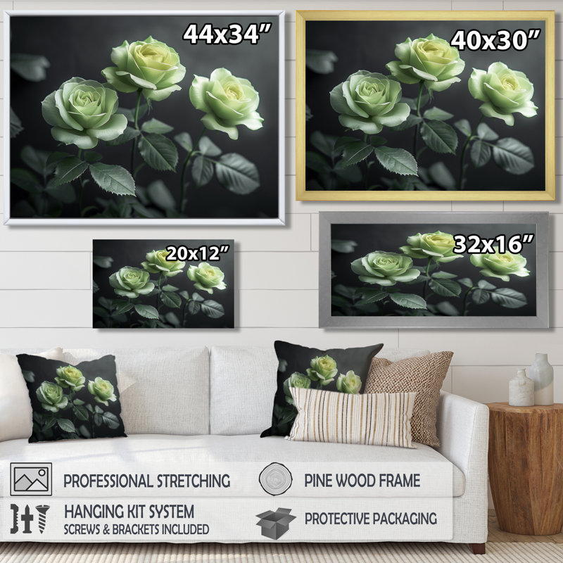 Nirvana blanc blanc et vert - Roses, art mural de salon, H 34 po x l 44 po x P 1,5 po, Cadre flottant blanc