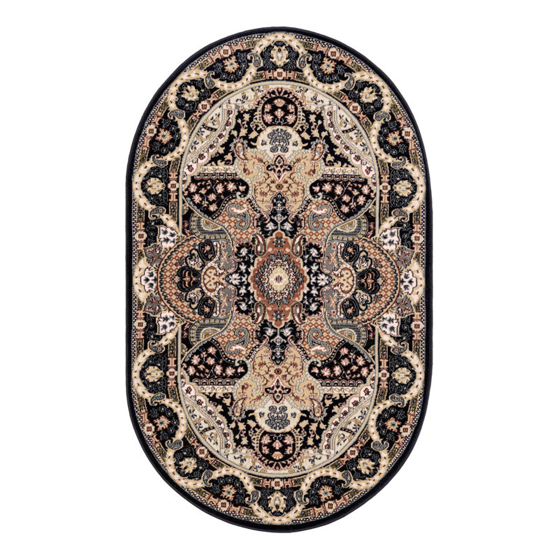 Eleanor Oriental Navy Blue/Ivory Area Rug, Oval 3'1" x 5'3", Black