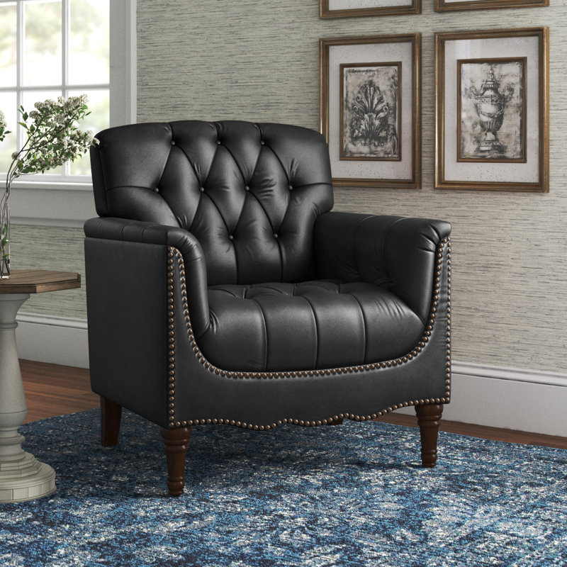 Annja 32" W Tufted Leather Armchair, Black Genuine Leather