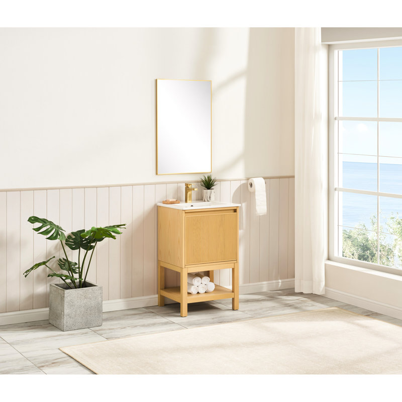 Meuble-lavabo pré-assemblé en bois de frêne de 20 po, tablette réglable, lavabo facile à nettoyer, pieds d'armoire amovibles, petits espaces de salle de bain blancs et compacts