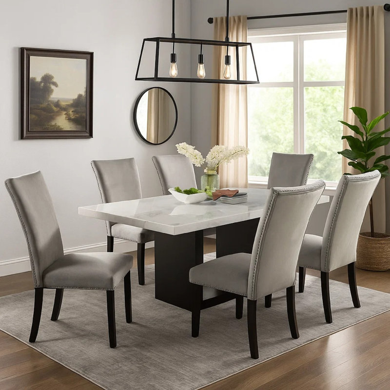 Ensemble de table de salle à manger 7 pièces Ronda avec dessus en marbre, chaises en tissu gris, blanc, Gris