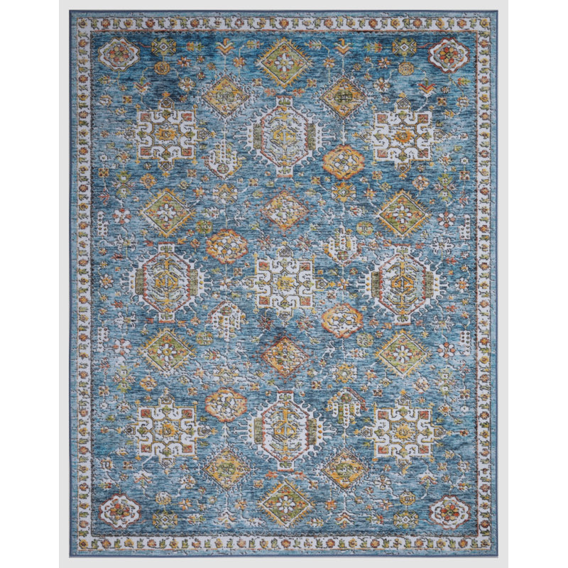 Lyanne Washable Non-Slip Blue Area Rug, Rectangle 5'3" x 6'9"