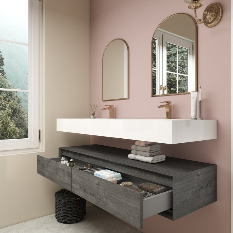 Ensemble de meuble-lavabo double mural 60 po Alysa, Chêne fumé